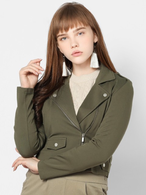 

ONLY Women Olive Green Solid Biker Jacket