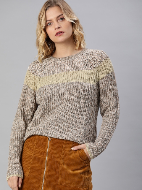 

ONLY Women Grey & Beige Colorblocked Pullover Sweater