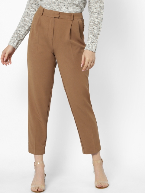 

ONLY Women Camel Brown Straight Fit Self Design Cropped Formal Trousers