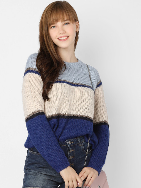 

ONLY Women Navy Blue & Off-White Colourblocked Pullover Sweater