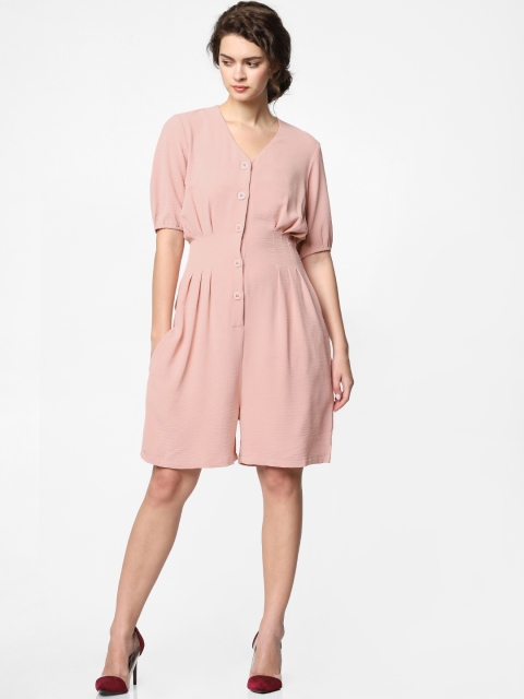 

ONLY Women Pink Solid Puff Sleeved Playsuit with Pleats