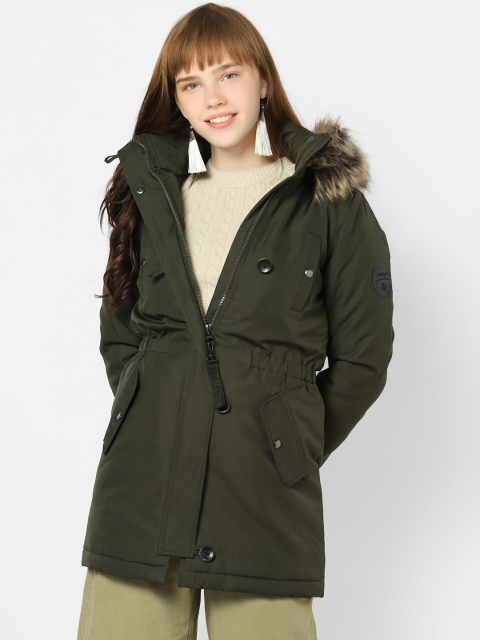 

ONLY Women Olive Green Solid Hooded Faux Fur Trim Longline Parka