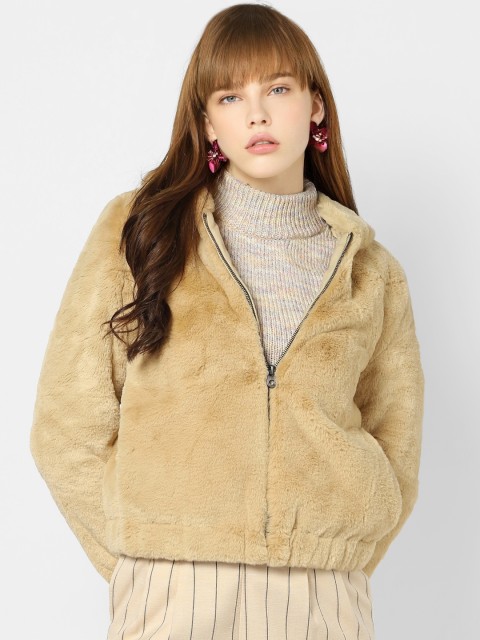 

ONLY Women Beige Solid Tailored Faux Fur Jacket