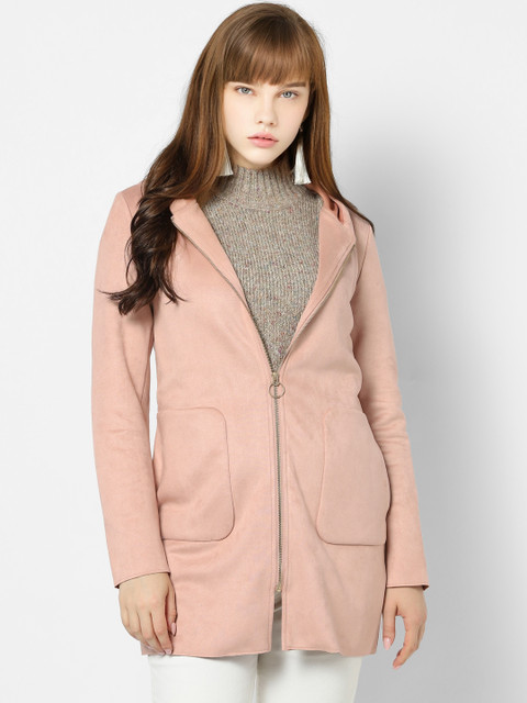 

ONLY Women Pink Solid Hooded Faux Suede Longline Tailored Jacket