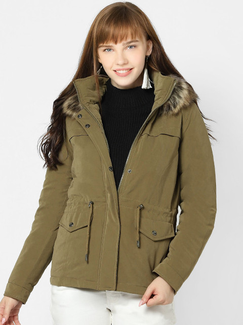 

ONLY Women Olive Green Solid Hooded Faux Fur Trim Parka
