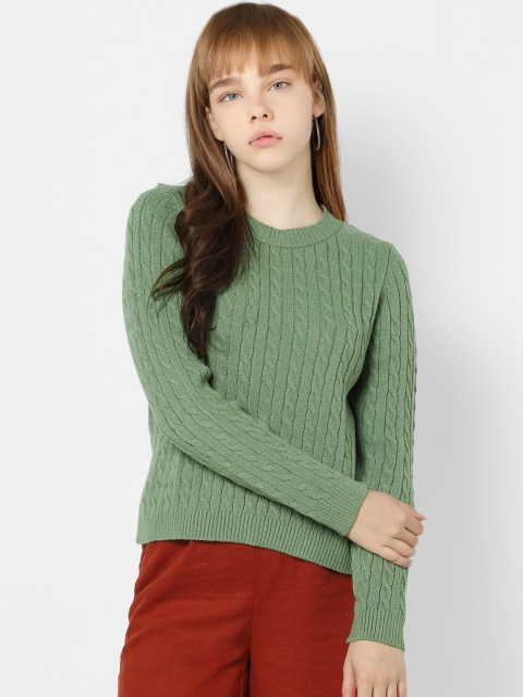 

ONLY Women Green Cable Knitted Self Design Pullover Sweater