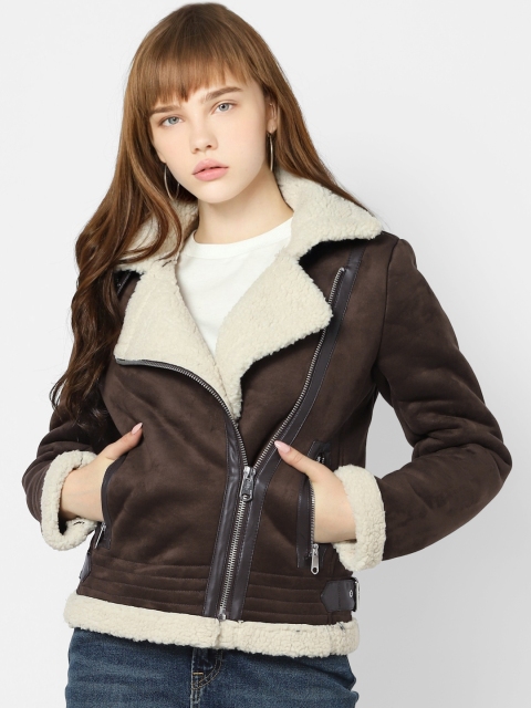 

ONLY Women Coffee Brown Solid Biker Jacket