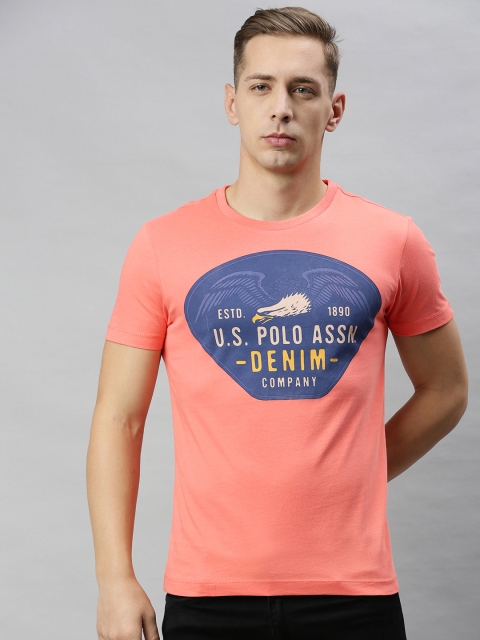 

U.S. Polo Assn. Denim Co. Men Coral Pink Printed Slim Fit Round Neck Pure Cotton T-shirt