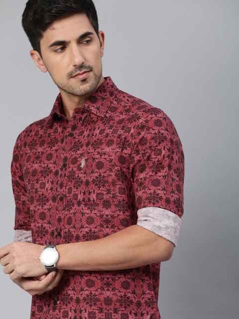 

U.S. Polo Assn. Men Red & Navy Blue Tailored Fit Floral Printed Casual Linen Shirt