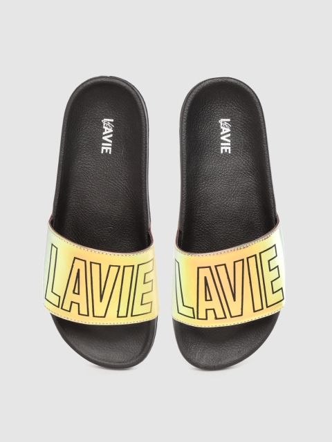 

Lavie Women Yellow & Black Printed Brand Logo Print Sliders with Iridescent Effect