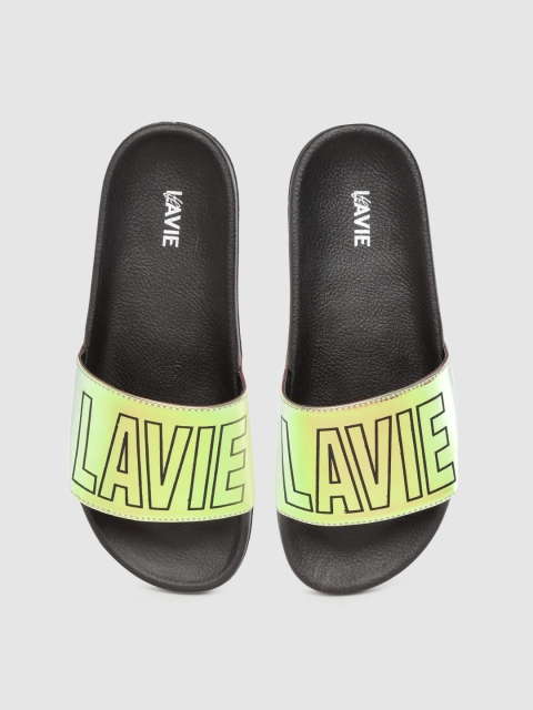 

Lavie Women Fluorescent Green & Black Brand Logo Print Sliders with Iridescent Effect