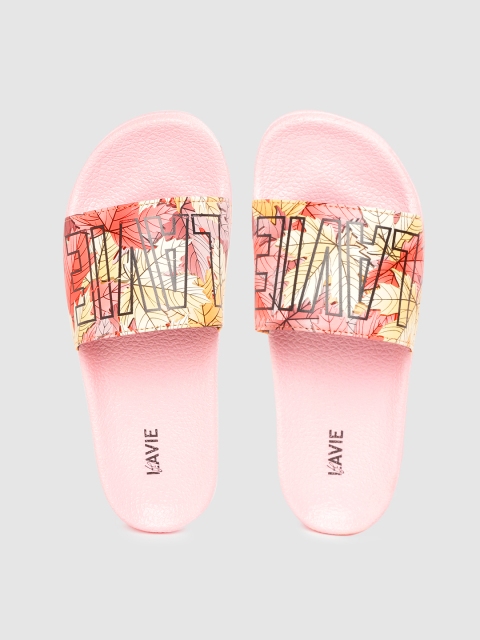 

Lavie Women Pink & Yellow Typography & Leaf Print Open Toe Flats