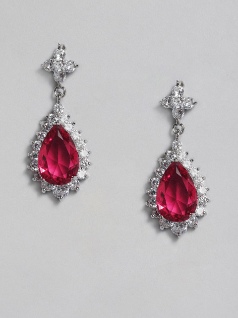 

justpeachy Red Silver-Plated Cubic Zirconia Studded Teardrop Shaped Earrings