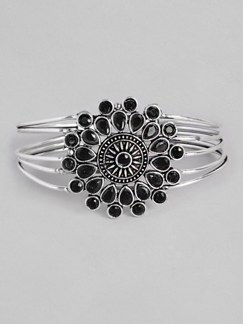 

justpeachy Black Silver-Plated Oxidised Cuff Bracelet