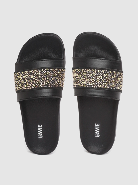 

Lavie Women Black & Gold-Toned Embellished Open Toe Flats