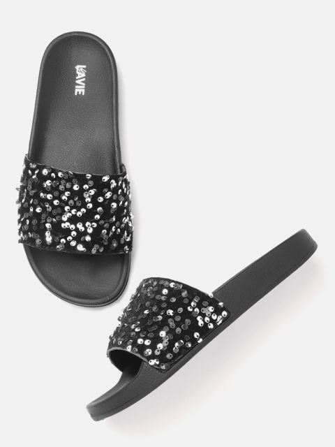 

Lavie Women Black & Silver-Toned Sequinned Open Toe Flats