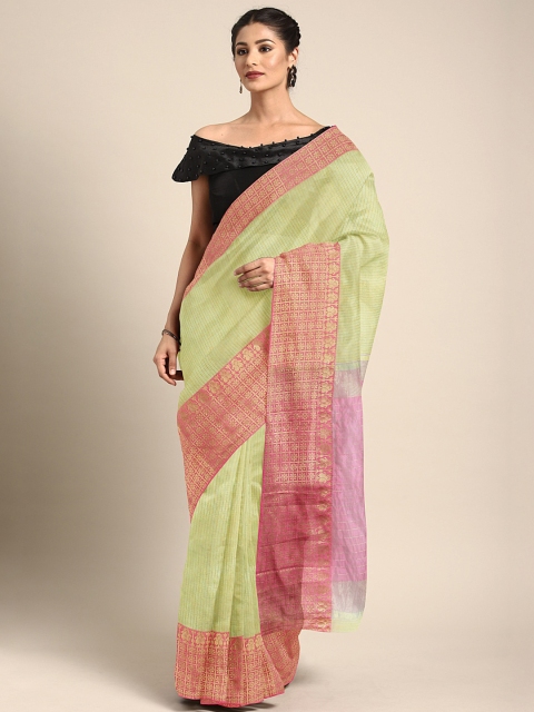 

KALINI Lime Green & Peach-Coloured Cotton Blend Woven Design Kota Saree