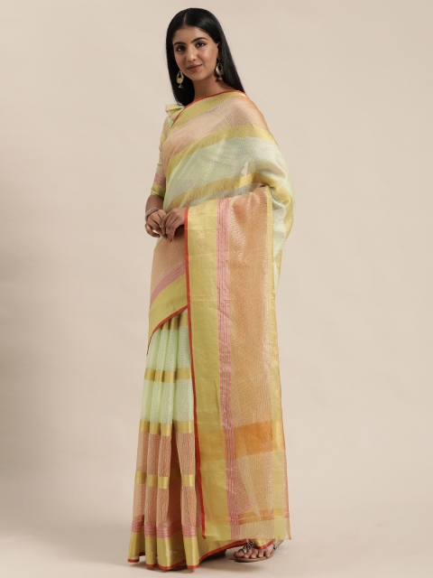 

Mitera Sea Green & Golden Cotton Blend Striped Khadi Saree