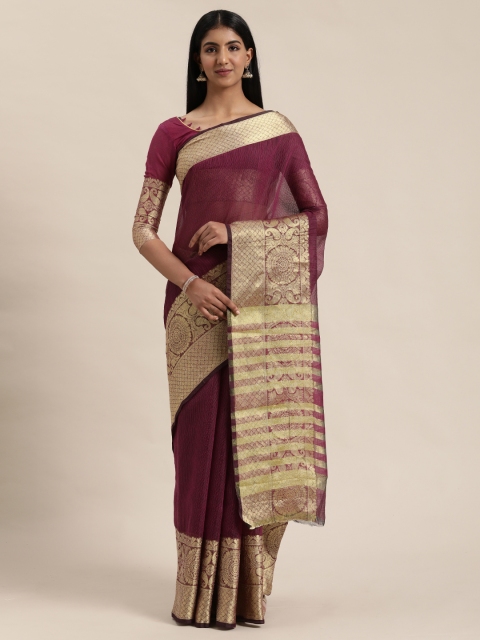 

KALINI Purple & Golden Cotton Blend Solid Kota Handloom Saree