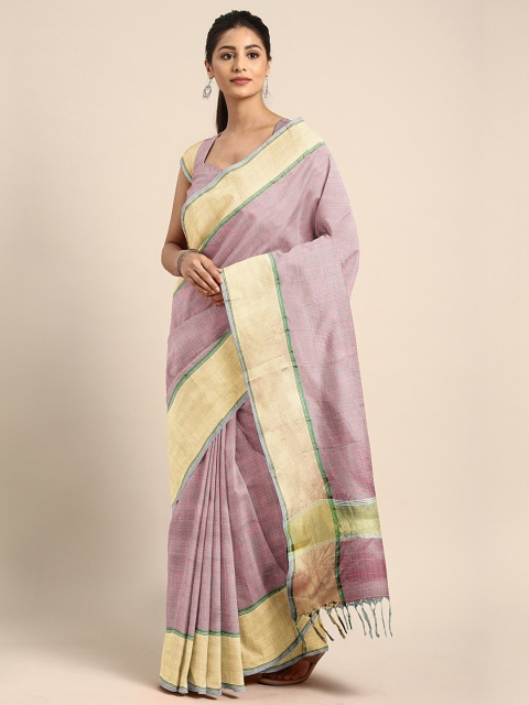 

KALINI Pink & Green Checked Chanderi Saree