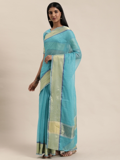 

KALINI Turquoise Blue & Golden Cotton Blend Checked Chanderi Saree
