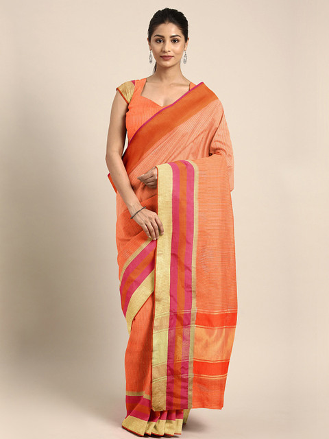 

KALINI Orange & Peach-Coloured Colourblocked Khadi Saree