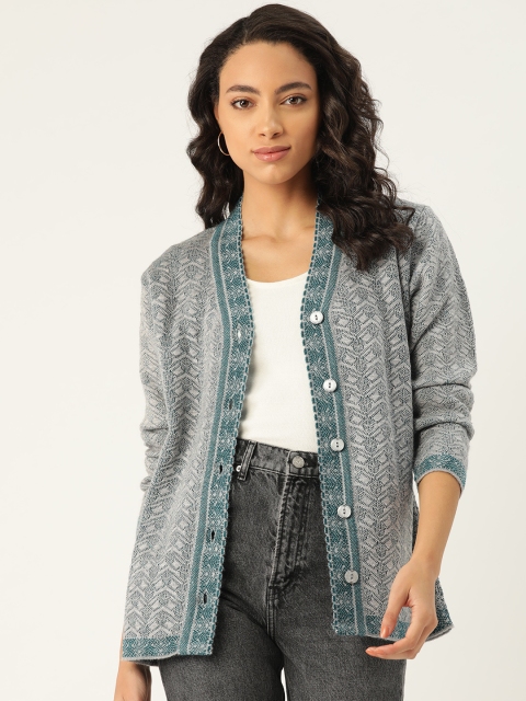 

Duke Women Grey & Teal Green Self Design Cardigan