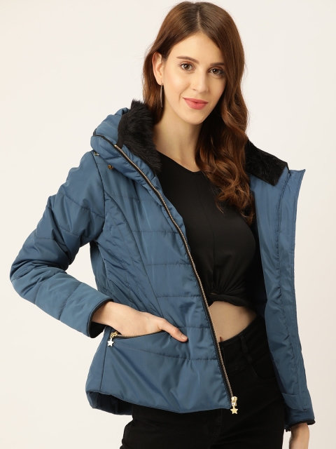 Duke Women Teal Blue Solid Hooded Padded Jacket