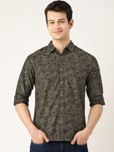 

United Colors of Benetton Men Olive Green & Charcoal Grey Slim Fit Self Design Shirt