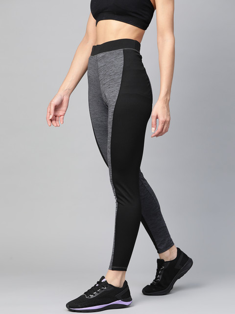 

M7 by Metronaut Women Grey Melange & Black Colourblocked Stretchable Training Tights