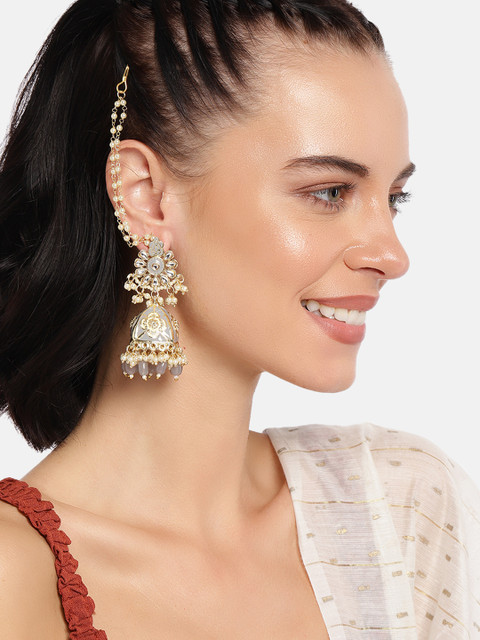 

I Jewels Grey Gold-Plated Enamelled Dome Shaped Jhumkas with Earchains