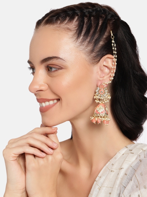 

I Jewels Gold-Plated & Pink Dome Shaped Jhumkas with Detachable Ear Chain