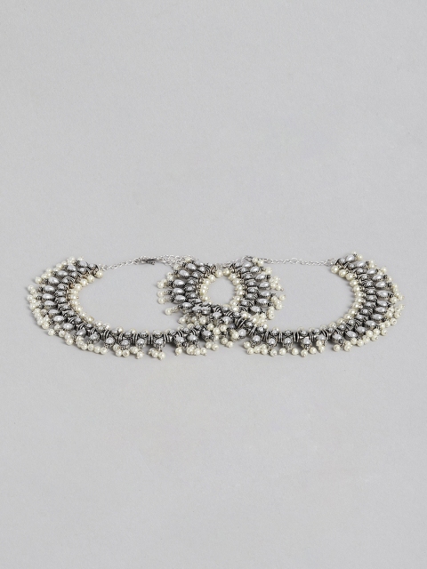 

justpeachy White Oxidised Silver Plated Pearl Anklets