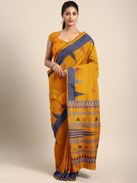 

aamna Mustard Yellow Cotton Blend Geometric Printed Tussar Saree