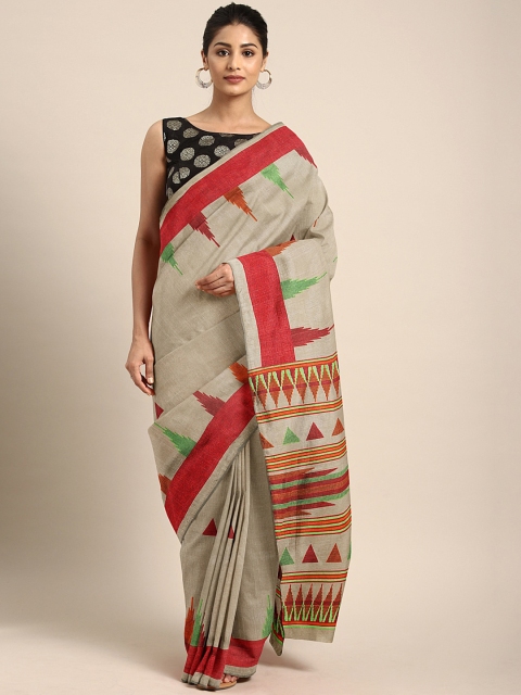 

aamna Grey Cotton Blend Geometric Printed Tussar Saree