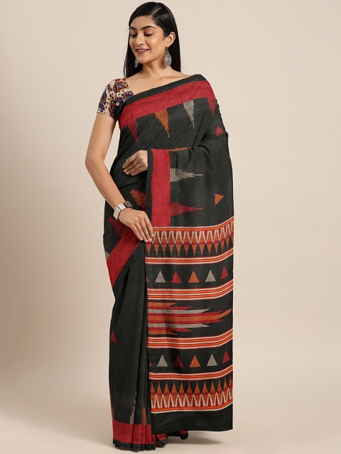 

aamna Black Cotton Blend Geometric Printed Tussar Saree