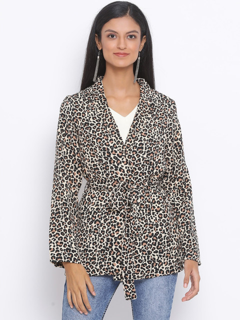

Oxolloxo Women Off-White & Black Animal Printed Open Front Jacket