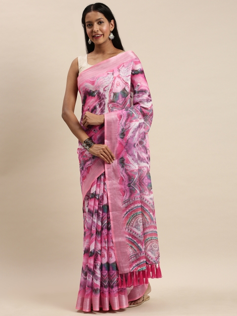 

VASTRANAND Pink & Blue Linen Blend Printed Saree