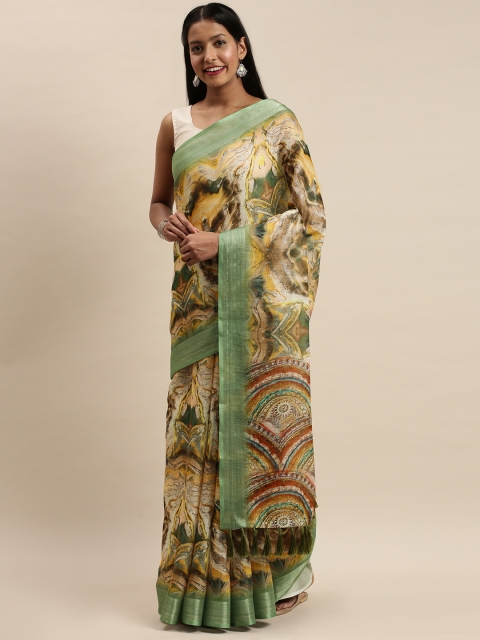 

VASTRANAND Yellow & Green Linen Blend Tribal Art Printed Saree