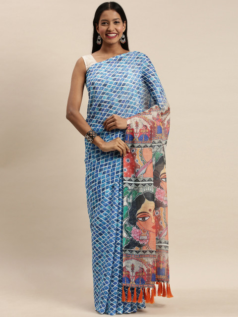 

VASTRANAND Blue Linen Blend Printed Bagru Saree