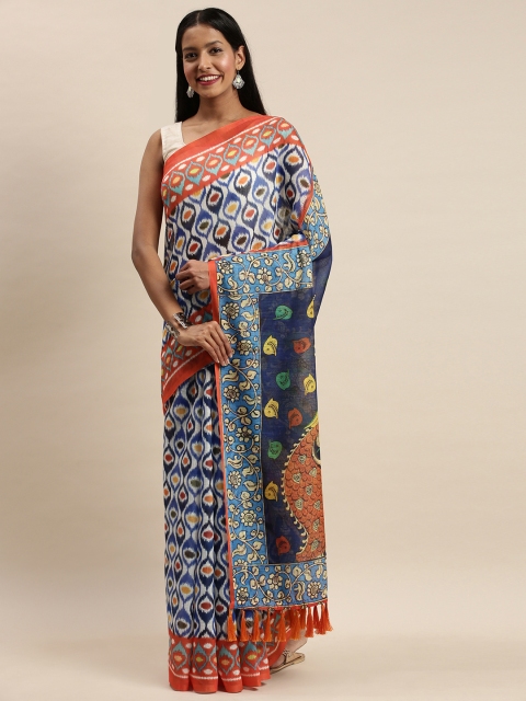 

VASTRANAND White & Blue Linen Blend Printed Ikat Saree