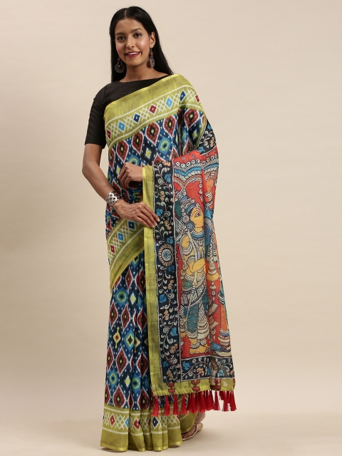 

VASTRANAND Blue & Green Linen Blend Printed Ikat Saree