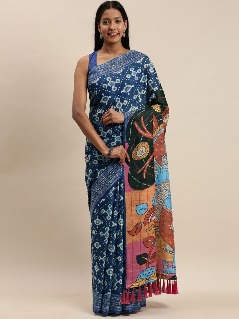 

VASTRANAND Blue Linen Blend Printed Bagru Saree
