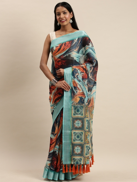 

VASTRANAND Sea Green & Rust Red Printed Bagru Celebrity Saree