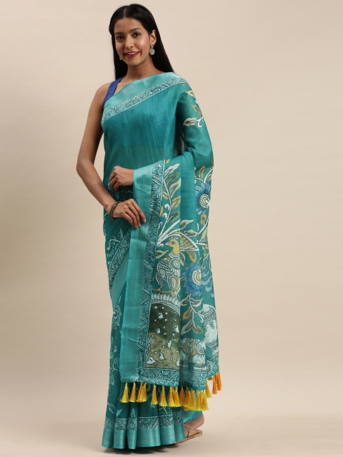 

VASTRANAND Teal Green Tribal Art Free Hand Print Linen Blend Saree