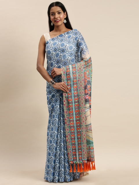 

VASTRANAND Blue & White Linen Blend Printed Bagru Saree