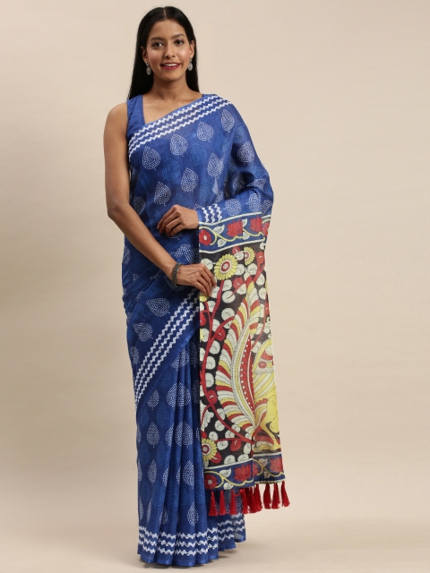 

VASTRANAND Blue & White Linen Blend Printed Bagru Saree