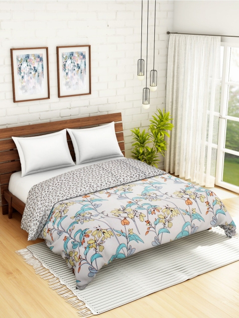 

WELHOME White & Blue Floral Printed 150 GSM Double Bed Quilt