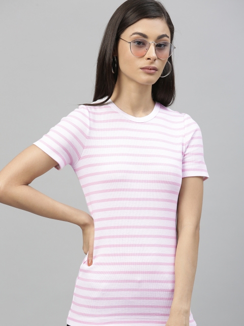 

Tommy Hilfiger Women White & Pink Skinny Fit Striped Round Neck T-shirt