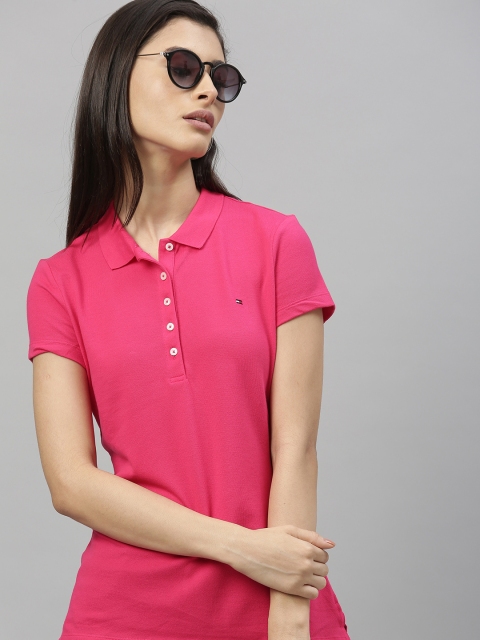 

Tommy Hilfiger Women Pink Slim Fit Solid Polo Collar T-shirt